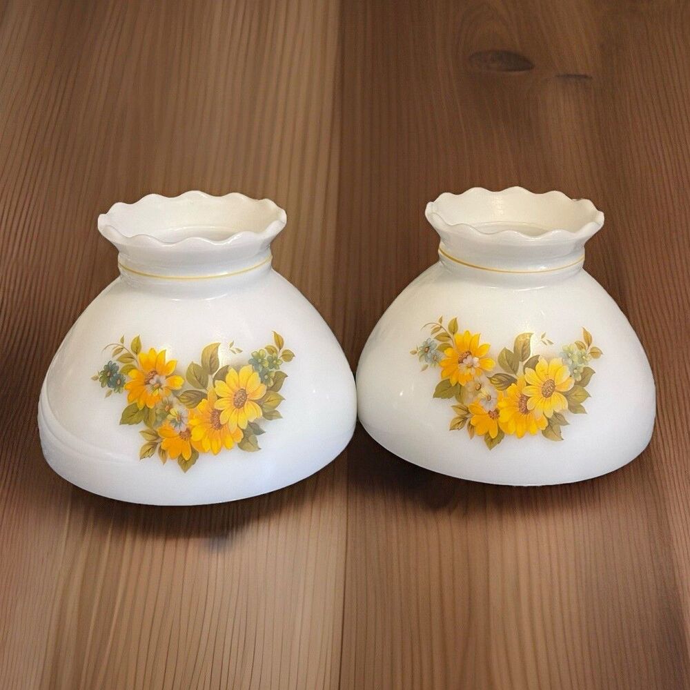 VTG 2 Milk Glass Floral Student Lamp Shades White Yellow Blue Green Leaves